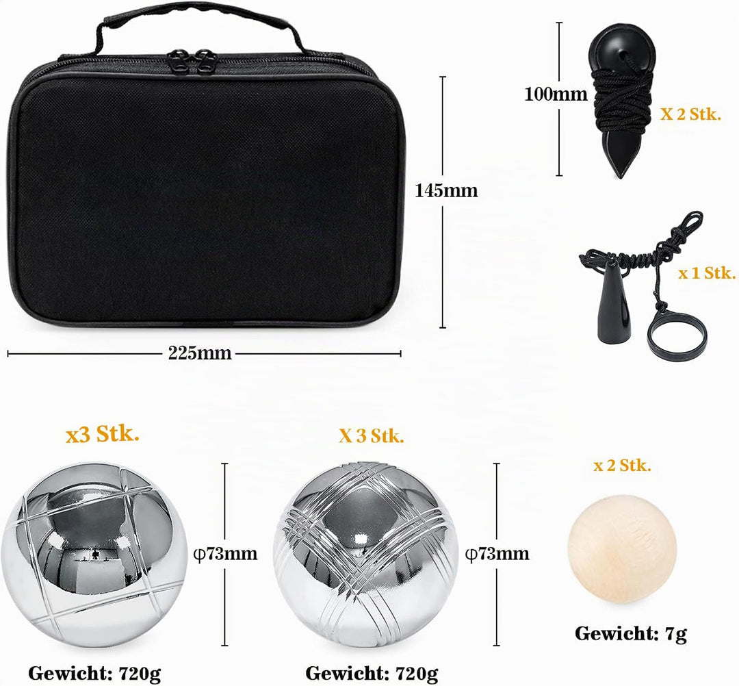 Boule Set, 6 Boccia aus Metall, mit 2 Holzkugeln, 2 Abstandsmesser, 1 Boules-Kugel Magnetvorrichtung