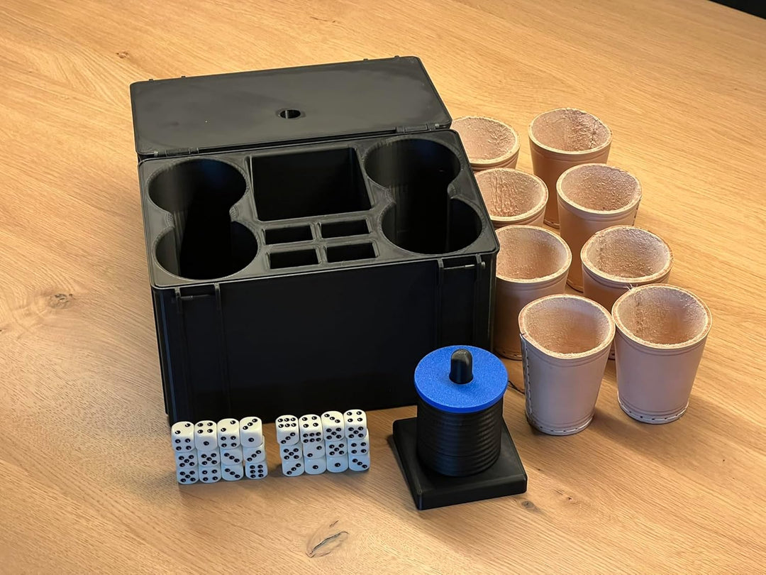 Selfmade Schockbesteck mit Box + Würfel + Becher - Knobelbesteck Schocken Knobeln (Schock Achter, Bl