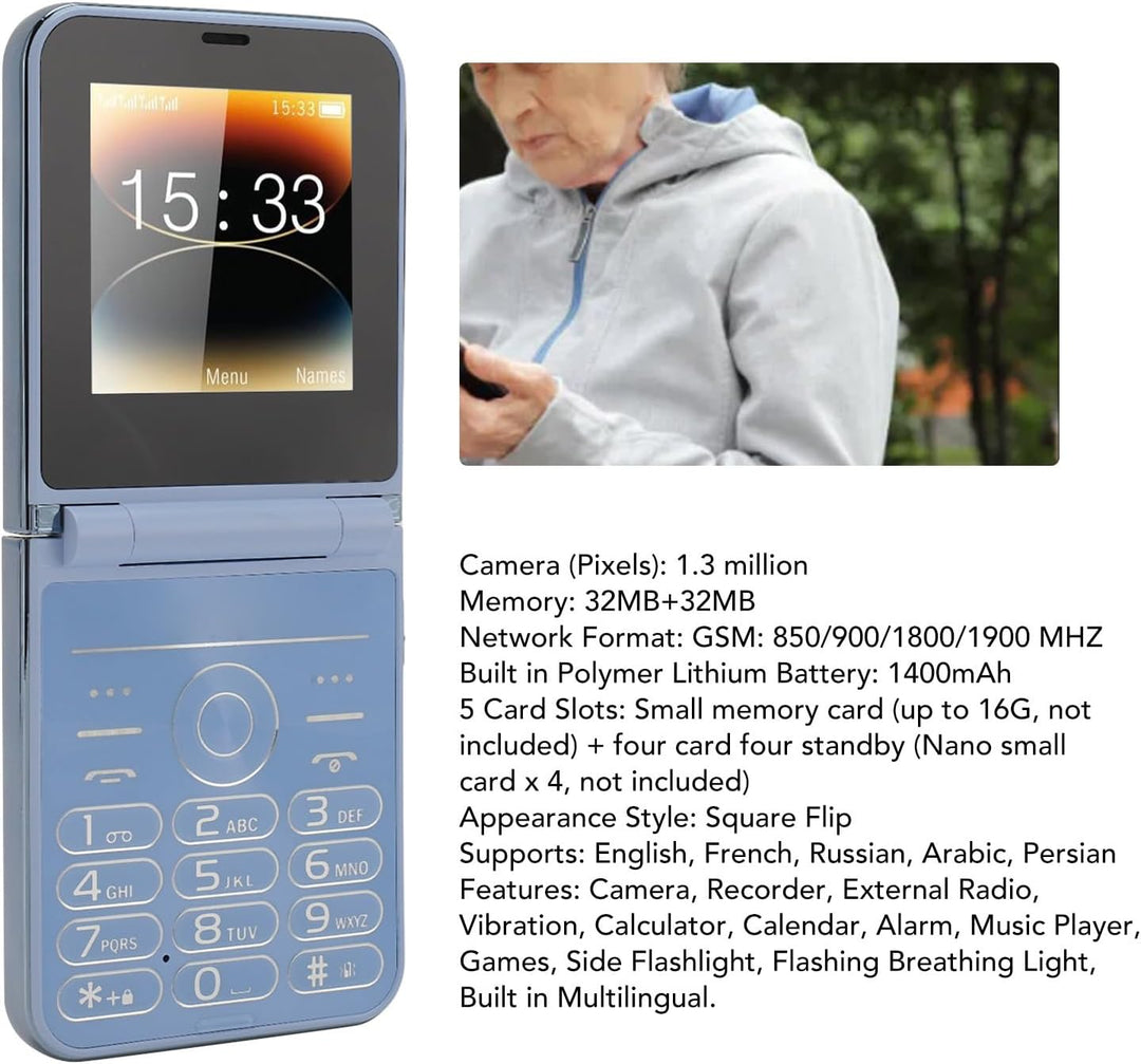 Senioren Klapphandy, Grosse Tasten Dual Screen GSM 2G Mobiltelefon mit 4 SIM 4 Standby, Lauter Sound