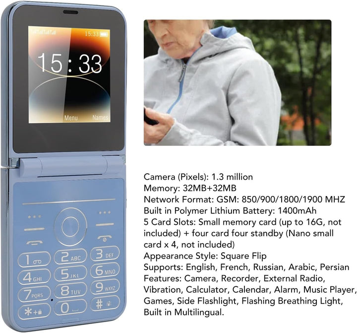 Senioren Klapphandy, Grosse Tasten Dual Screen GSM 2G Mobiltelefon mit 4 SIM 4 Standby, Lauter Sound