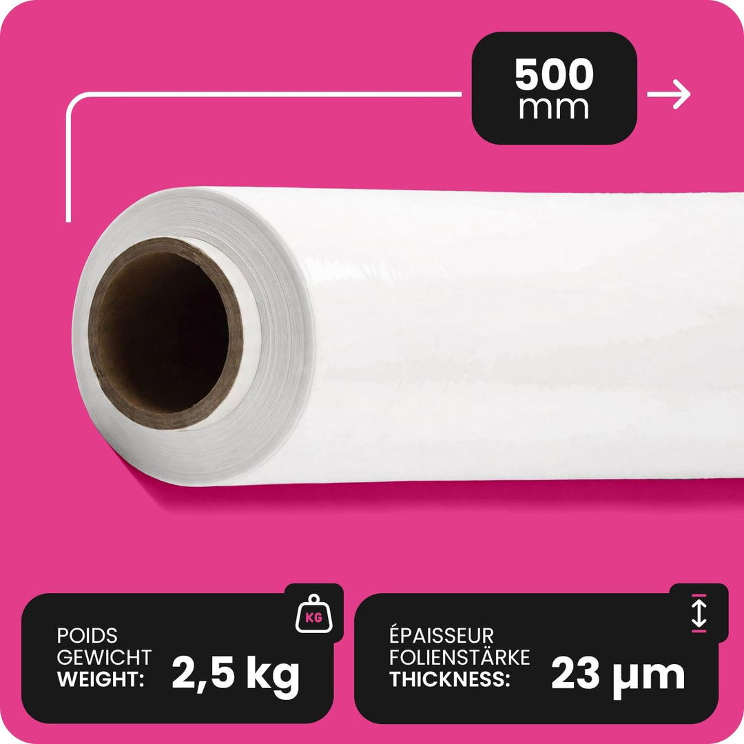 Netuno 1x weisse Stretchfolie 23my 500 mm 2,5 kg transparente Folie Polyethylen Folie Cast-Film Weis
