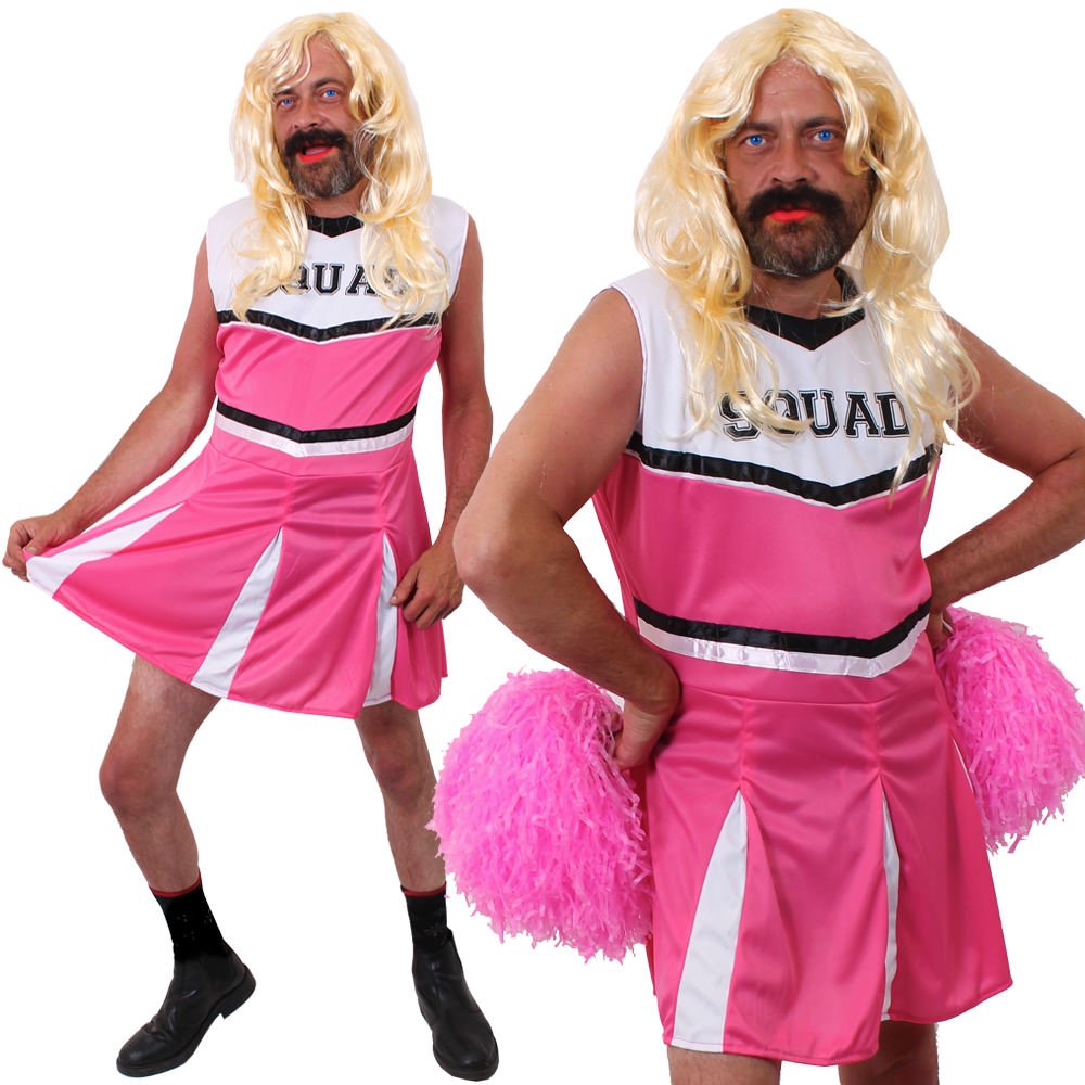 I LOVE FANCY DRESS LTD ROSA Cheerleader KOSTÜM FÜR MÄNNER IN 6 VERSCHIEDENEN GRÖSSEN + PERÜCKE + Pom