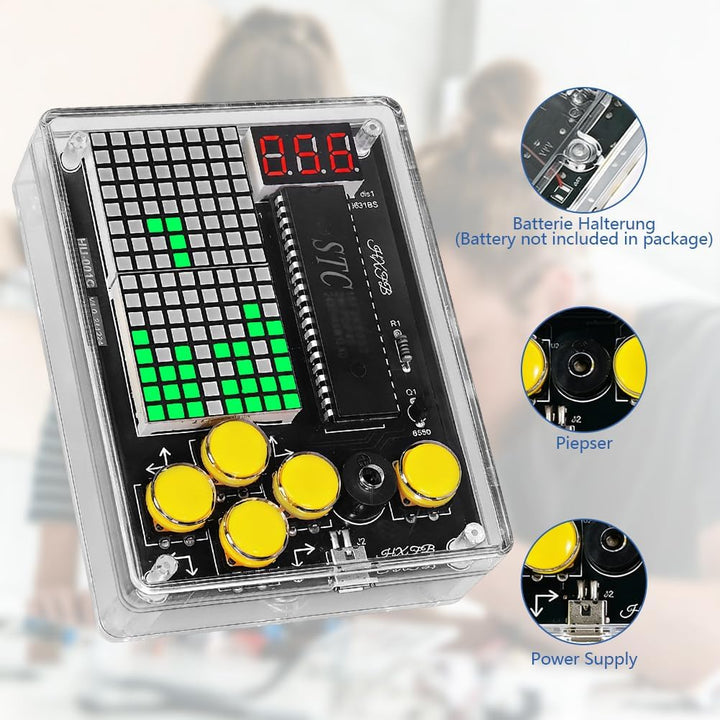 DIY Spielekonsole Löt Bausatz, 7 in 1 Elektronik Baukasten Handheld Game Console Kit mit Acrylgehäus