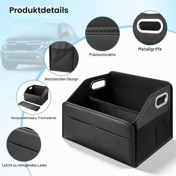 Kofferraum Organizer, Faltbar Auto Organizer mit Metallgriffen, Leder Kofferraumtasche mit Abnehmbar