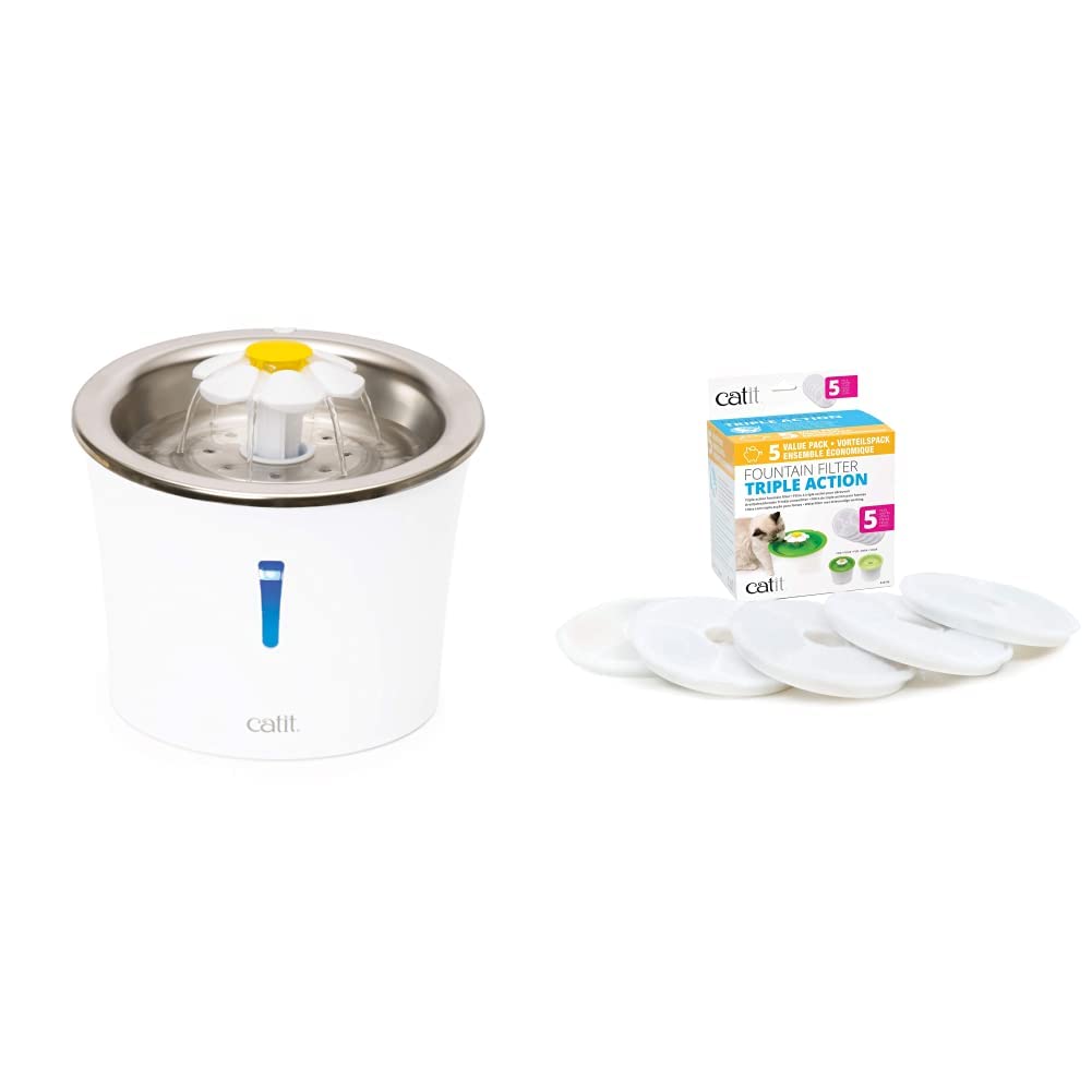 Catit Flower Fountain, Blumentrinkbrunnen mit Edelstahleinsatz, für Katzen, 3L, weiss/Edelstahl & 2.