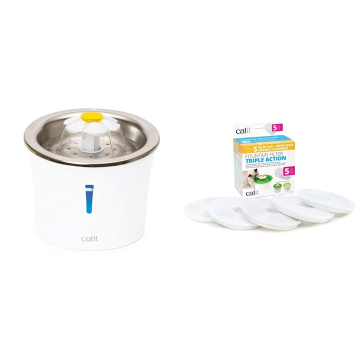 Catit Flower Fountain, Blumentrinkbrunnen mit Edelstahleinsatz, für Katzen, 3L, weiss/Edelstahl & 2.