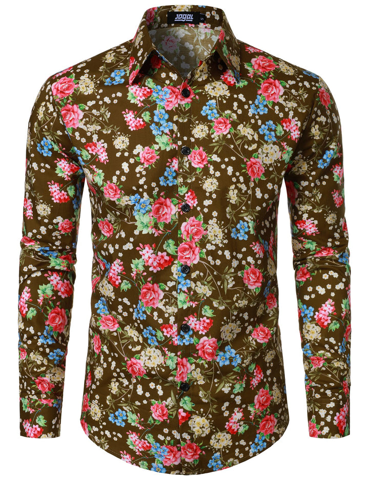 JOGAL Herren Regular Fit Floral Business Hemd Langarm Button Down Print Freizeithemd S Braun Rosa, S