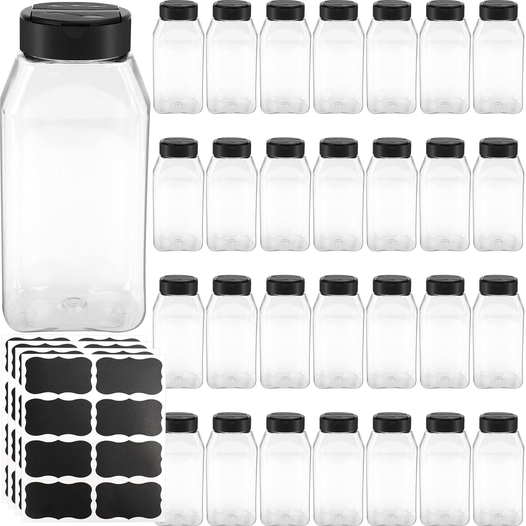 28 Stück Gewürzgläser Eckig Set mit Deckel Plastik Gewürzdosen 475ml | Leer Gewürzstreuer mit Etiket