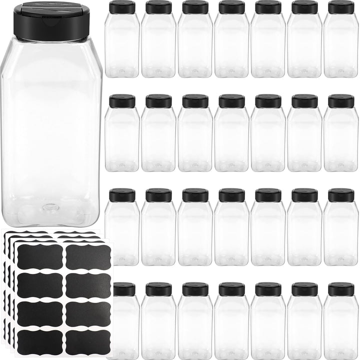 28 Stück Gewürzgläser Eckig Set mit Deckel Plastik Gewürzdosen 475ml | Leer Gewürzstreuer mit Etiket