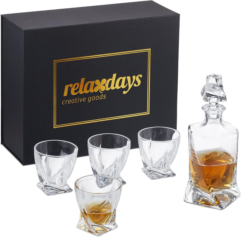 Relaxdays Whisky Set, 5-teilig, Whiskykaraffe 800 ml, 4 Whiskygläser 300 ml, Cognac Dekanter, Gesche