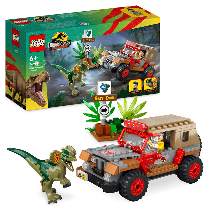 LEGO 76958 Jurassic Park Hinterhalt des Dilophosaurus, Dinosaurier Spielzeug Set mit Figur und Jeep