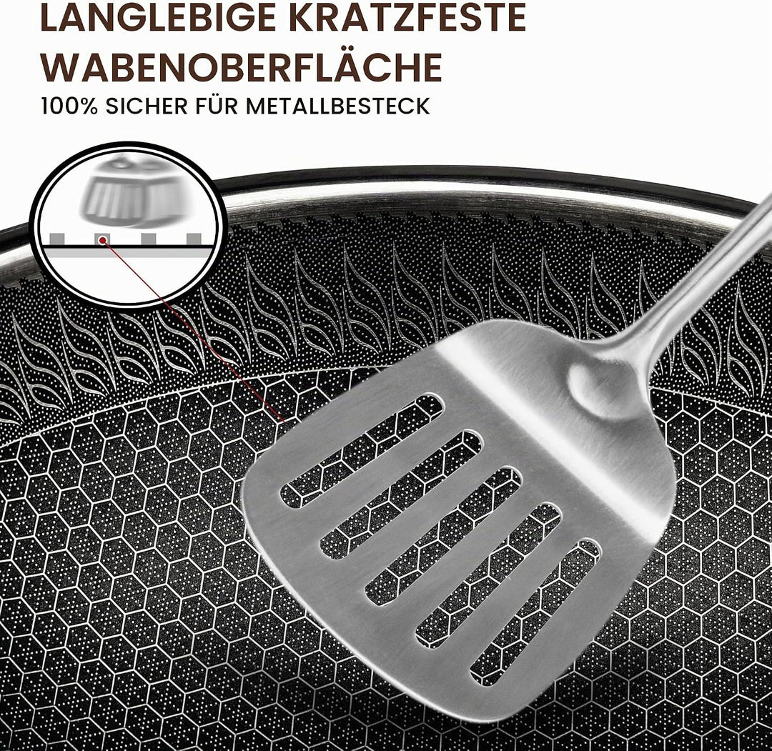 RIOVARM 32cm Edelstahl Wok mit Deckel, Antihaftbeschichtung Flacher Boden Wok-Pfanne, Dreilagig Honi