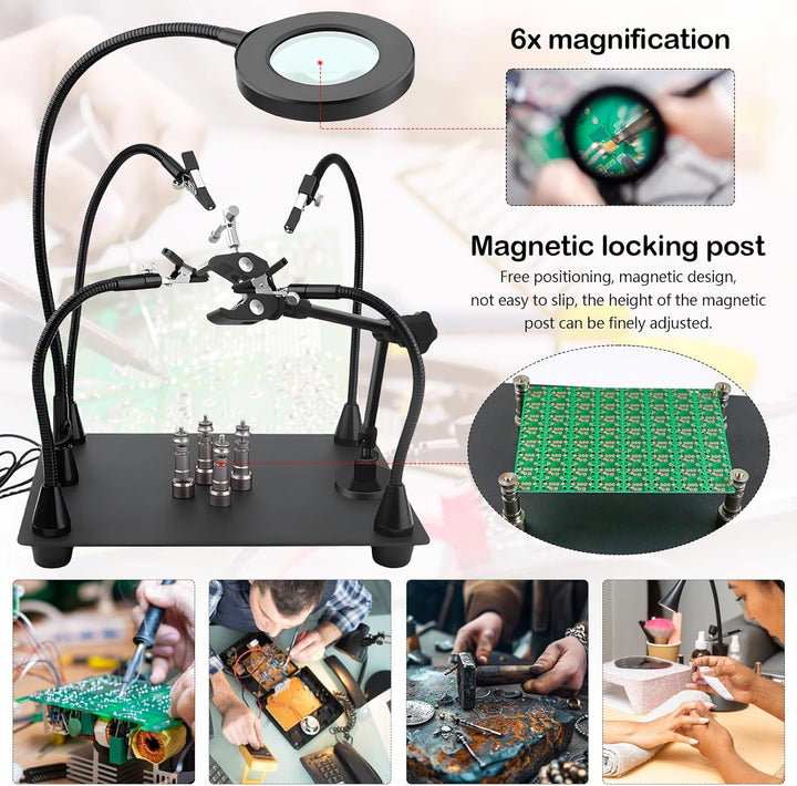 Dritte Hand Löten, Entlötstation Magnetische Löthilfe Helfende Hand mit 4 Flexible Armen 6X Lupe Lic