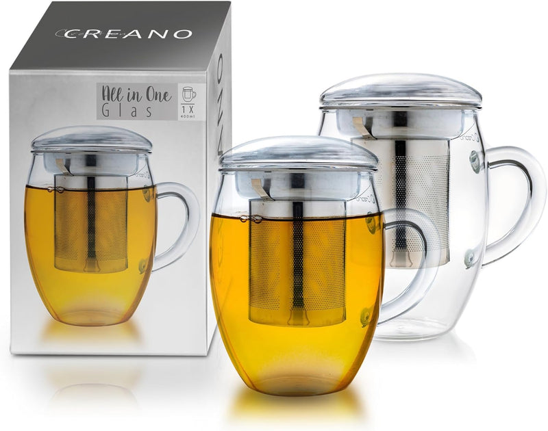 Creano Teeglas All in one 400ml 2er Set, Grosse Teetasse mit Edelstahlsieb und Deckel aus Glas, Teeb