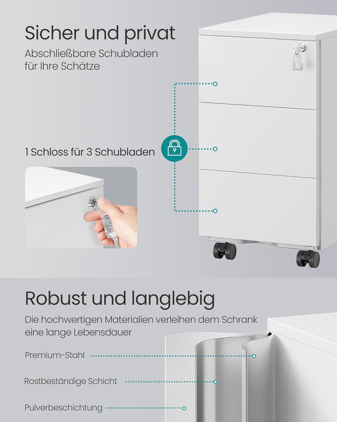 SONGMICS Schubladenschrank, Rollcontainer, mobiler Aktenschrank, Metallschrank, Druckertisch, abschl