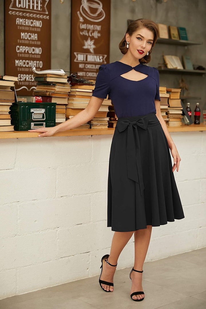 Belle Poque Damen Swing Rock 50s Retro Vintage Rockabilly Knielang Festliche Röck mit Gürtel Faltenr