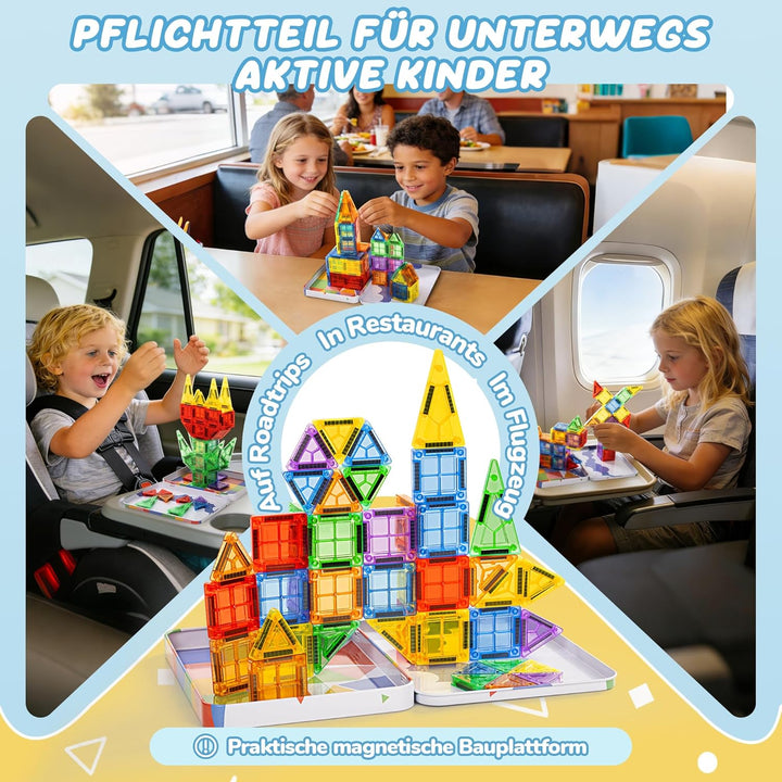 cossy Mini Magnetische Bausteine, 46 pcs Magnetbausteine Reiseset, Reisespielzeug mit Metallbox, Mag