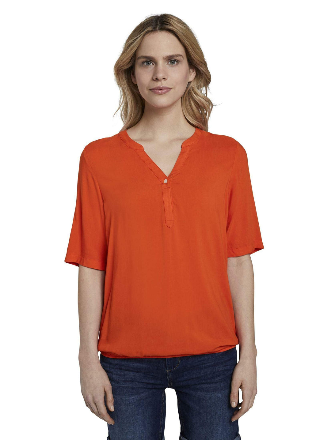 TOM TAILOR Damen Blusen, Shirts & Hemden Henley-Bluse mit elastischem Bund Strong Flame orange,38,22