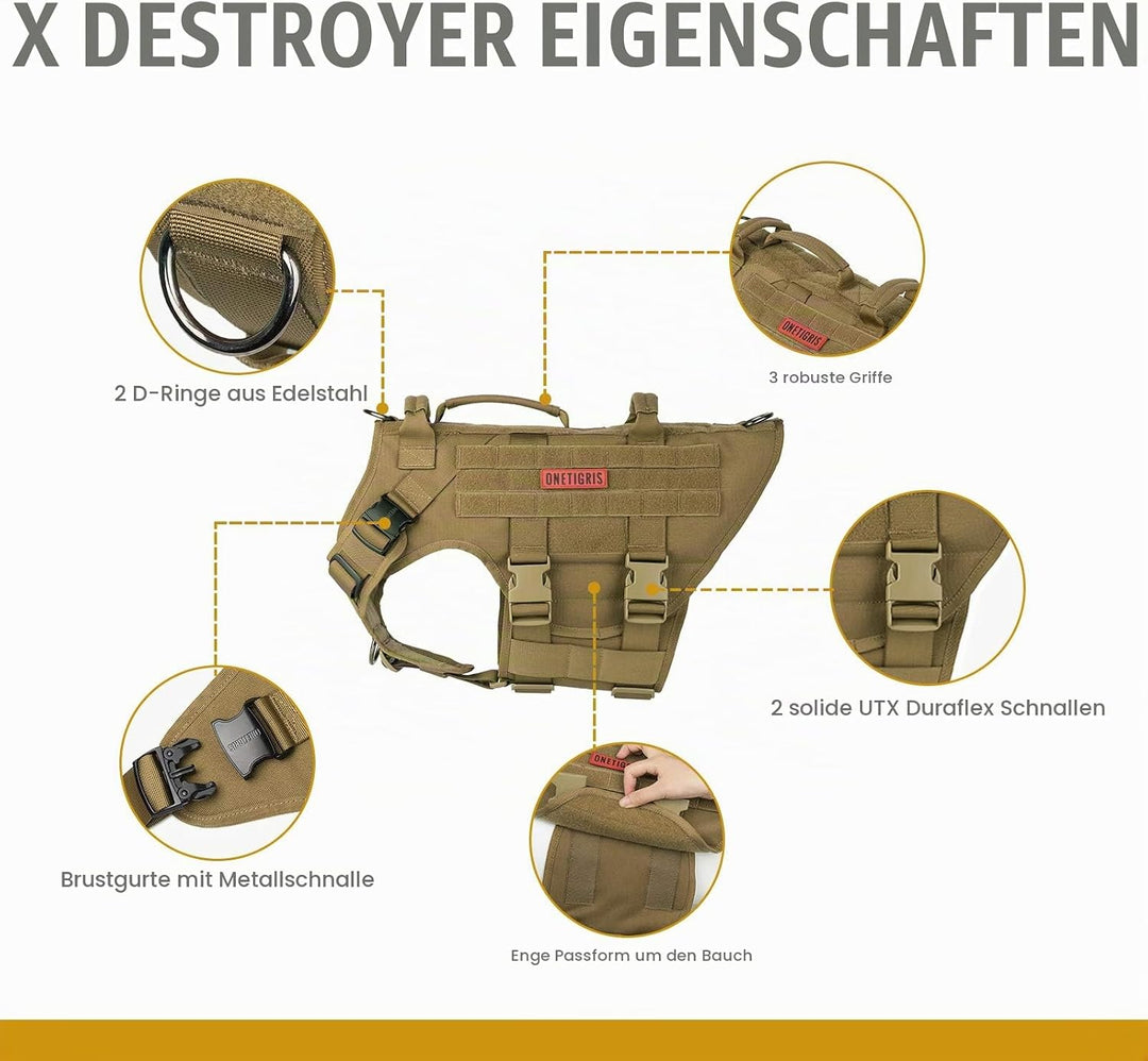 OneTigris Hundegeschirr, X Destroyer Taktisches Geschirr Hund 3 Griffe Heavy Duty Hundeweste mit Met