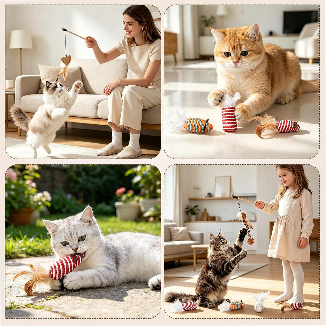 Katzenspielzeug Set 9-teilig | Katzenangel, Sisal Leinen, mit Bällen