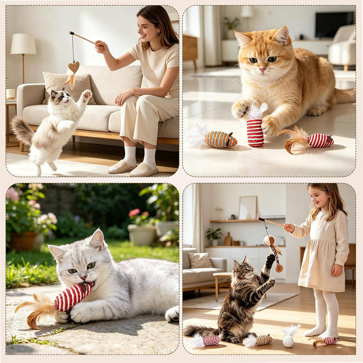 Katzenspielzeug Set 9-teilig | Katzenangel, Sisal Leinen, mit Bällen