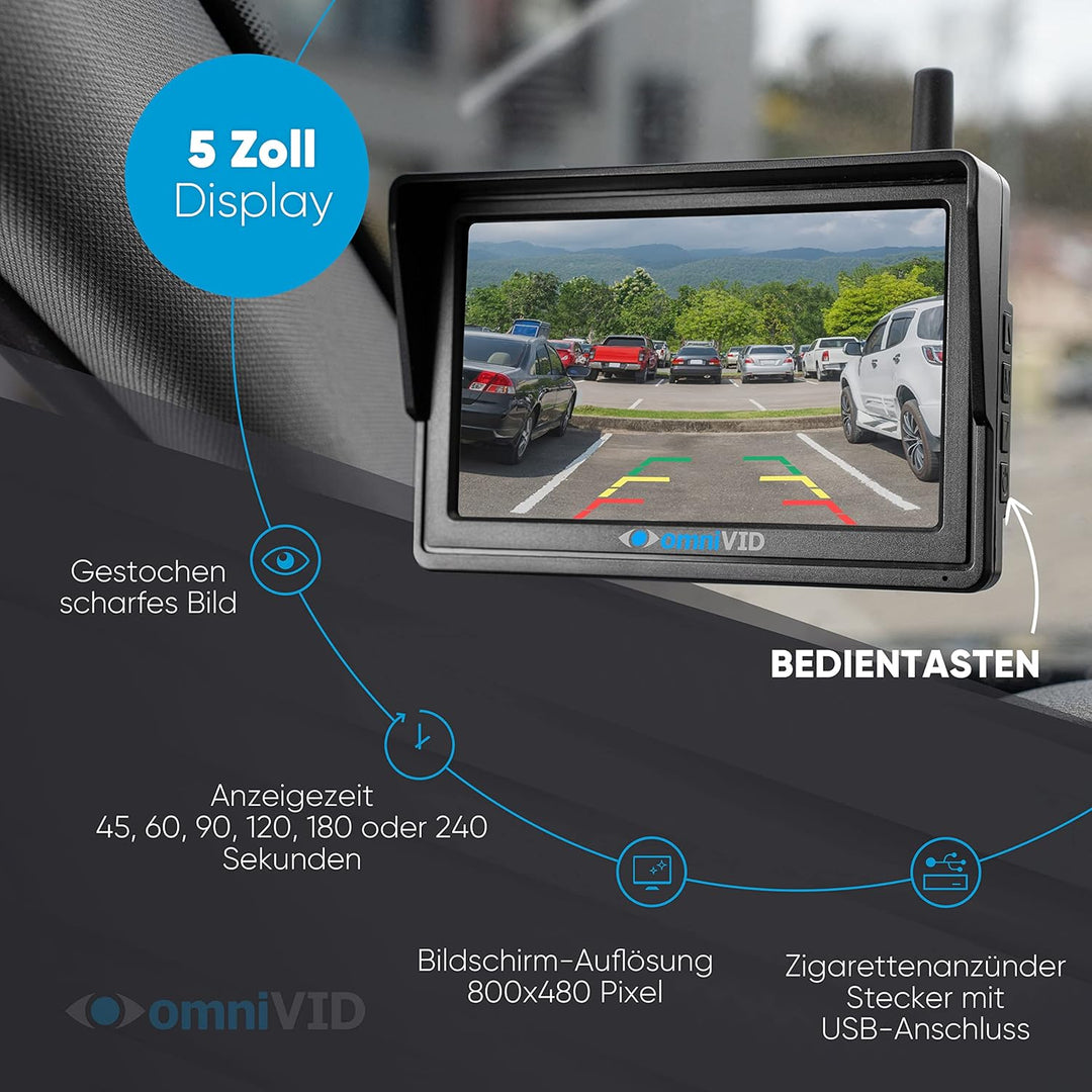 omniVID® Solar6 Premium Solar 5 Zoll Rückfahrkamera-System mit Parksensoren, Kabellos mit 5 Zoll Mon