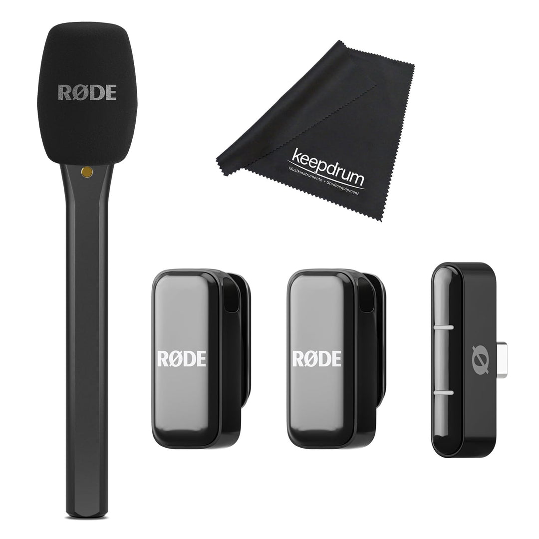 Rode Wireless Micro Drahtloses Mikrofon-System USB-C mit Interview Micro Handadapter und keepdrum Tu
