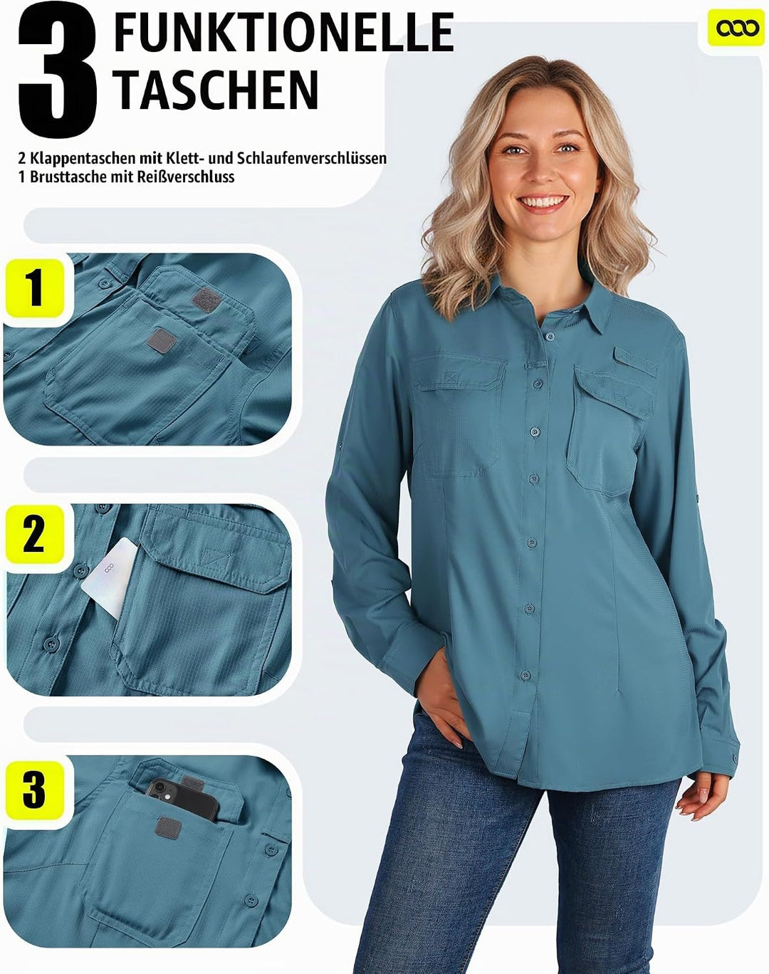 33,000ft Hemdbluse Damen UPF50 UV Schutz Hemd Schnelltrocknende Button-Down Shirts Atmungsaktive Wan