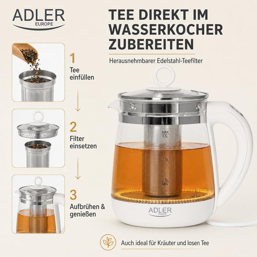 ADLER AD 1299 Elektrischer Wasserkocher aus Glas 1,5 Litern, Beleuchteter Innenraum, Teesieb, Temper