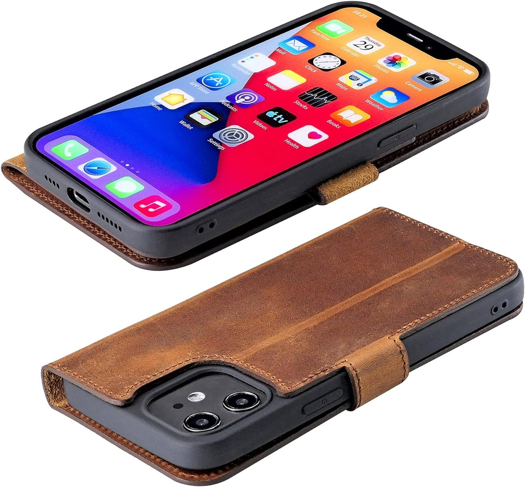 Suncase Book-Style Hülle kompatibel mit iPhone 12 (6.1") Leder Tasche (Slim-Fit) Lederhülle Handytas