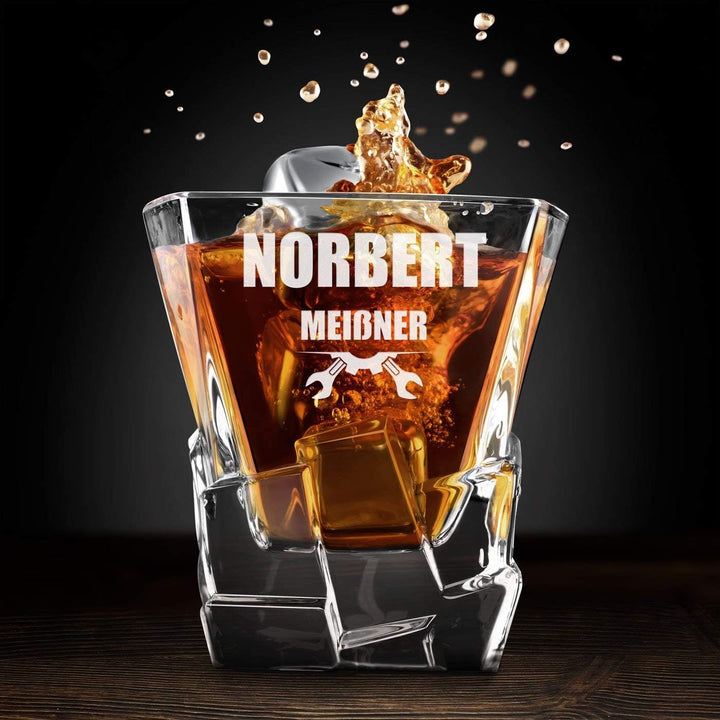 Maverton Whisky Steine Set - in Holzbox mit Gravur - 8 Eiswürfel + 2 Whisky Gläser - wiederverwendba