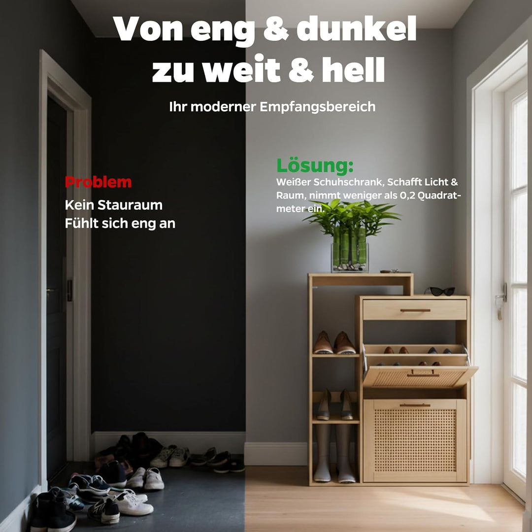 Schuhschrank schmal Holzoptik & handgefertigtes Rattan, moderner Schuhschrank mit Schublade – für Fl