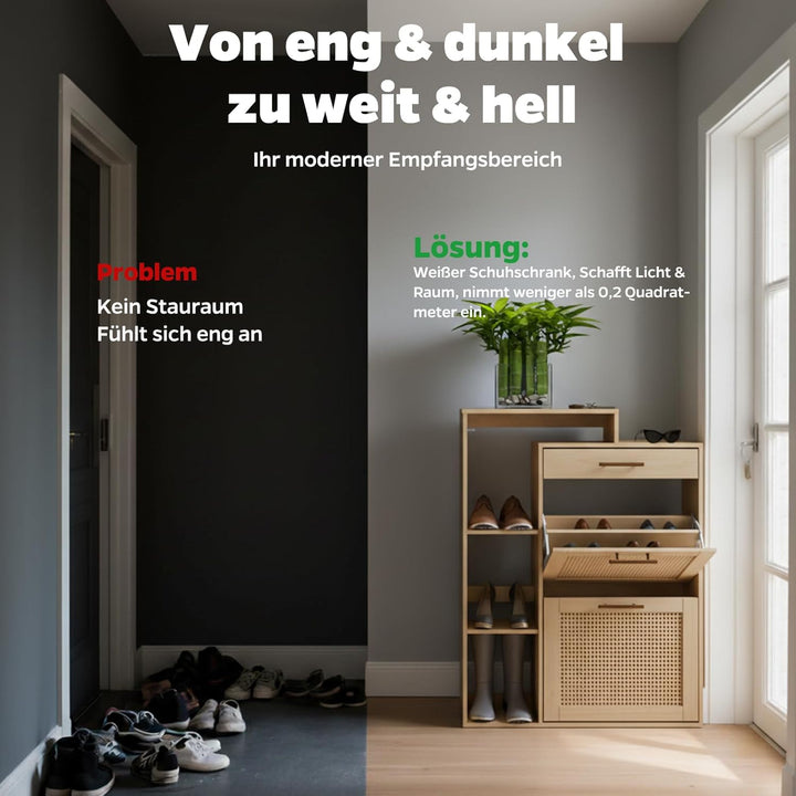 Schuhschrank schmal Holzoptik & handgefertigtes Rattan, moderner Schuhschrank mit Schublade – für Fl