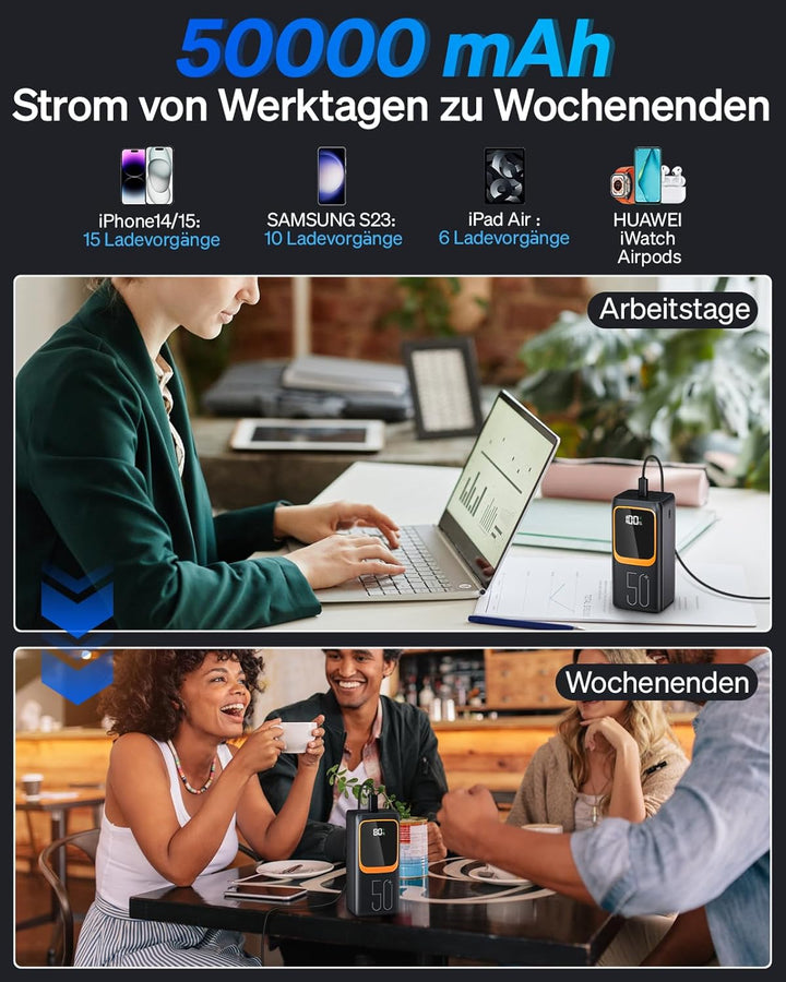 50000mAh Power Bank mit integriertem Kabel: 22,5W schnell aufladende Externe Batterie mit grosser Ka