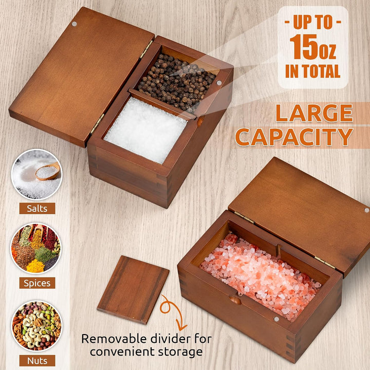 Demigo Salzkeller Akazienholz-Salzbox mit Klappdeckel, 14 x 9,1 x 7,6 cm, 590 ml, grosser Stauraum,