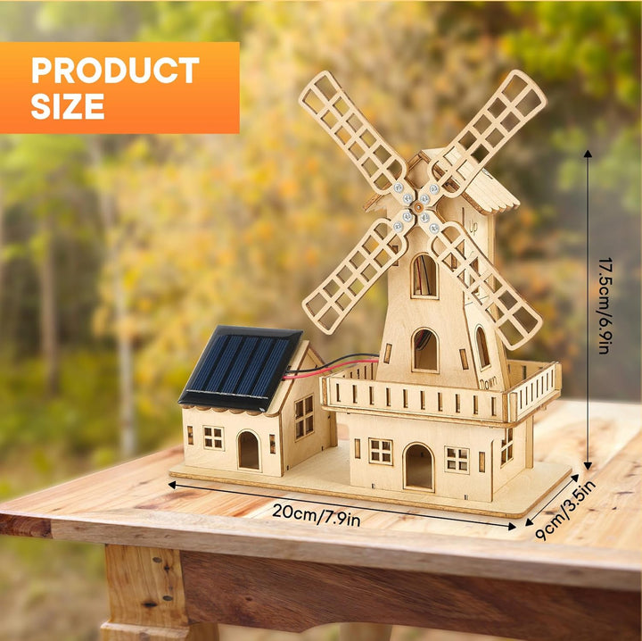 STEM Solarbetriebenes 3D Holzpuzzle - DIY Windmühlenhaus Bausatz,Wissenschaftliches Lernspiel für Ki
