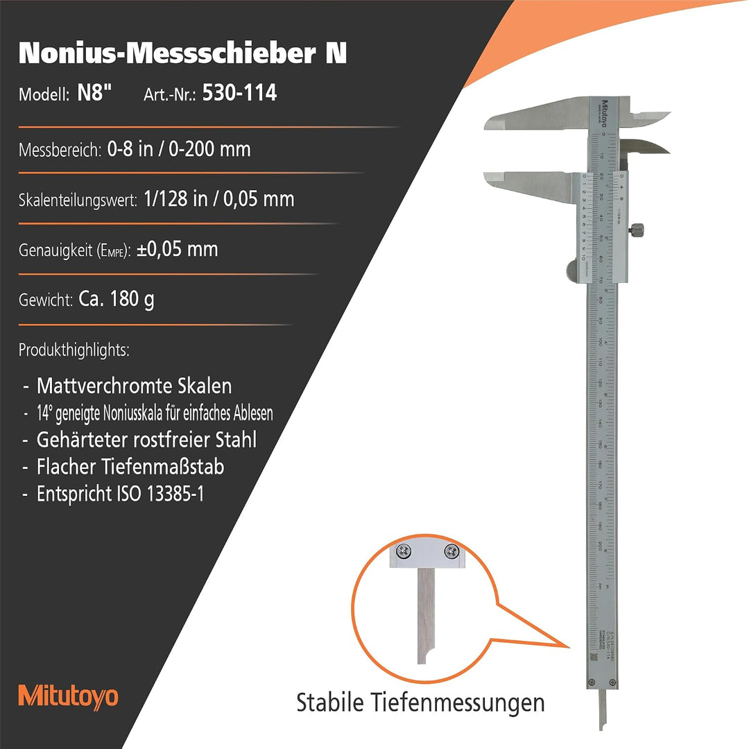 MITUTOYO Präzision-Messschieber mit Feststellschraube DIN 862 0-200 mm, 1 Stück, 530-114, 0-200 mm