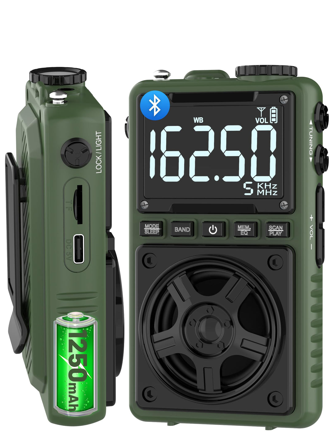 Bluetooth AM FM Kurzwellenradio mit NOAA Wetteralarm, 1250 mAh, wiederaufladbares, tragbares Taschen