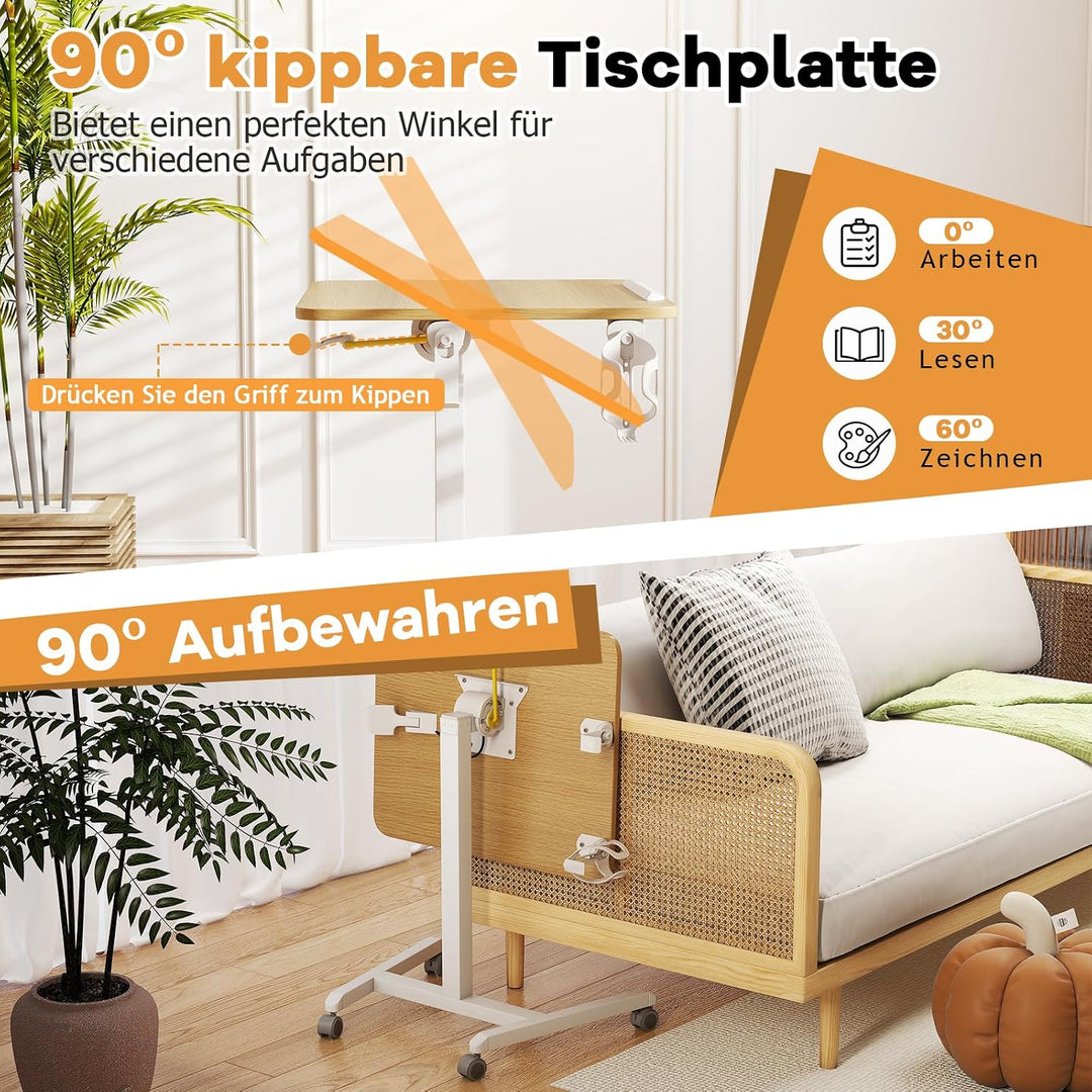 COSTWAY Beistelltisch höhenverstellbar mit Rollen, Stehtisch mit 90° neigbarer Tischplatte, Haken un