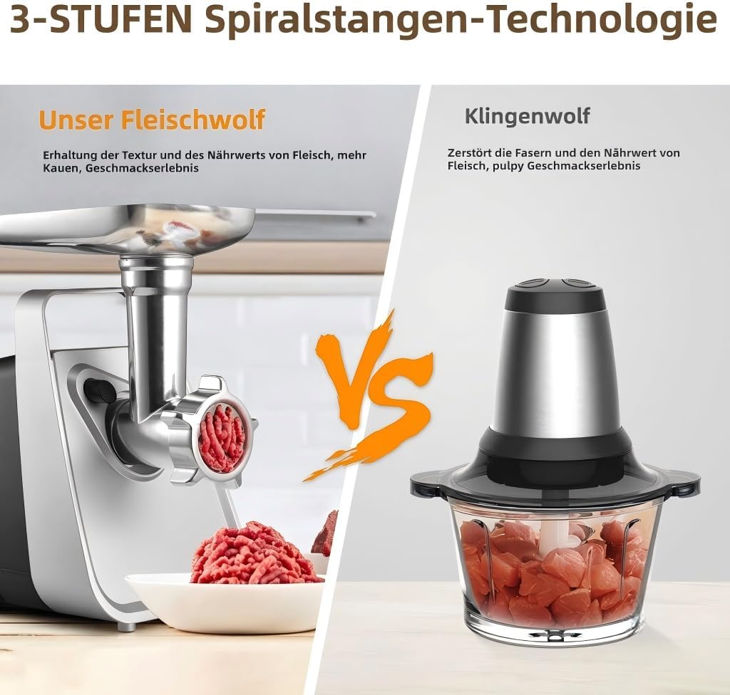 CHEFFANO Elektrischer Fleischwolf 2000W, mit 3 Schneidscheiben, Wurstfüller &amp; Kubbe-Aufsatz, Leistun