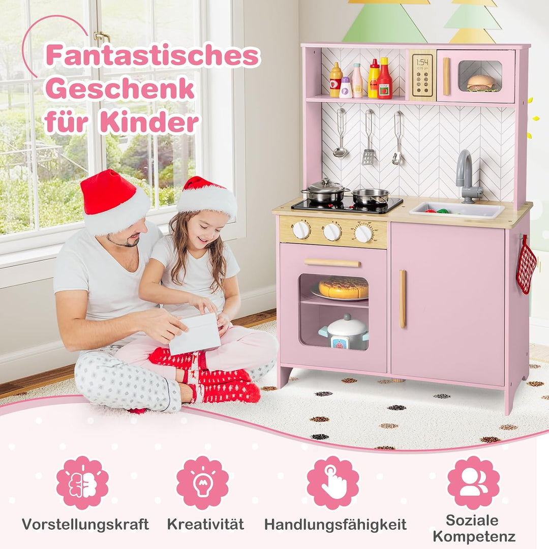 COSTWAY Kinderküche mit Zubehör, Spielküche Holz mit Mikrowelle Herd Spüle Ofen, Kinder Küche mit Li