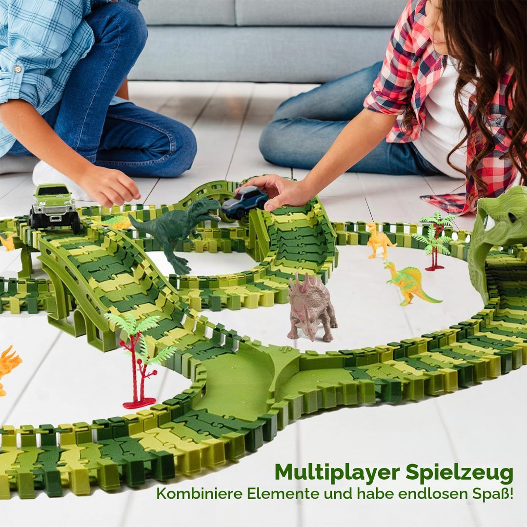 CELMAN Dinosaurier Spielzeug - Flexibles Rennbahn mit viele Teilen und Geländewagen, Autorennbahn Sp