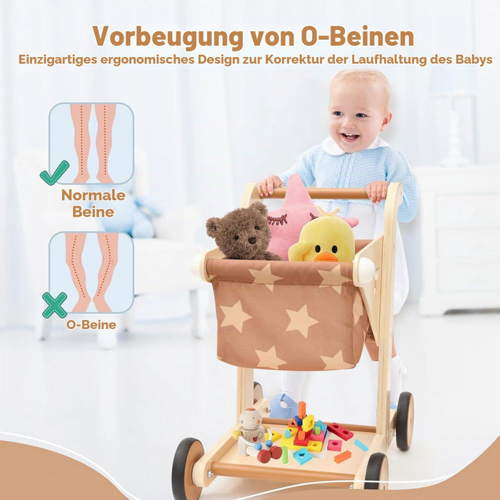Asweets 2-in-1 Lauflernwagen Holz, Puppenwagen zum Schieben und Ziehen, Baby Walker, Kleinkindspielz