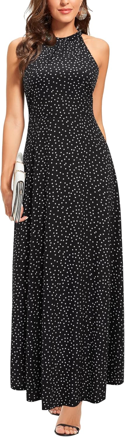 STYLEWORD Damen Neckholder Elegant Sommerkleid Ärmellos Blumenkleid Maxikleid Lange Strandkleid S Fl