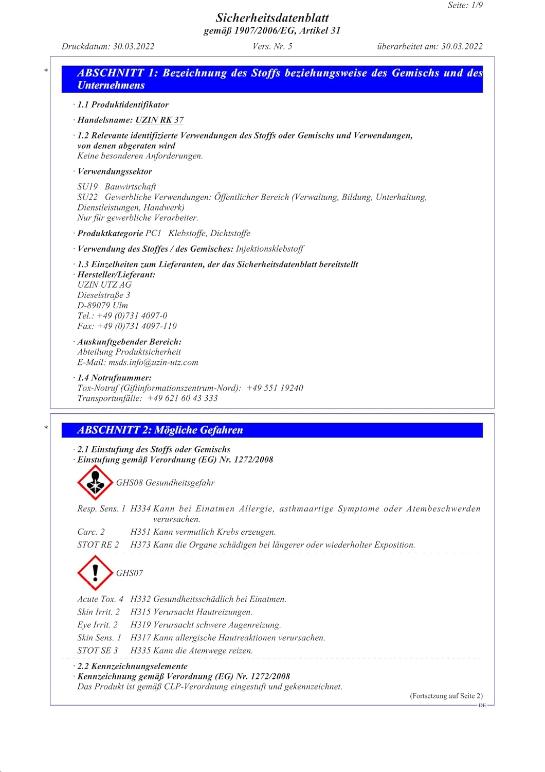 UZIN RK 37 250g Injektionsklebstoff