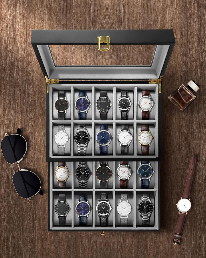 Uten Uhrenbox Holz mit 20 Fächern, Uhrenkasten Herren Damen schwarze Aufbewahrungsbox Holz E- Für 20