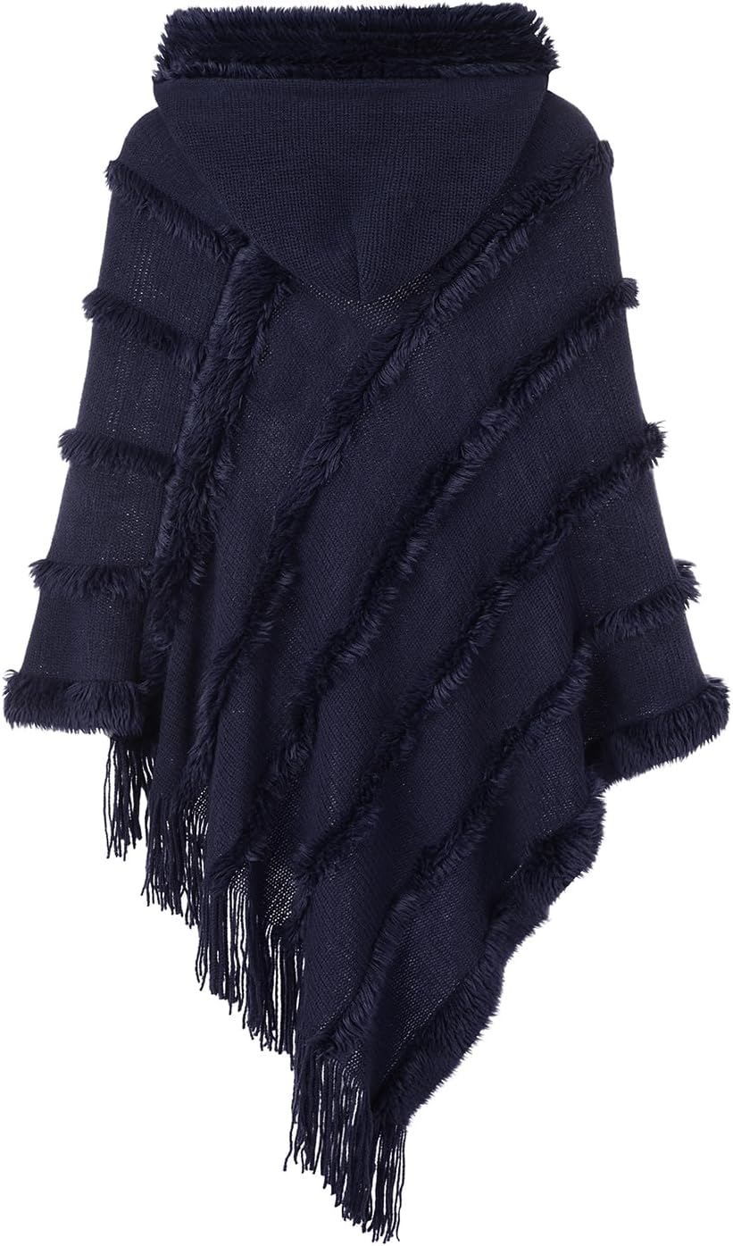 Ferand Poncho Damen mit Kapuze, Warmer Winterponcho, Gestreifte Cape Umhang mit Fransen Elegant Navy