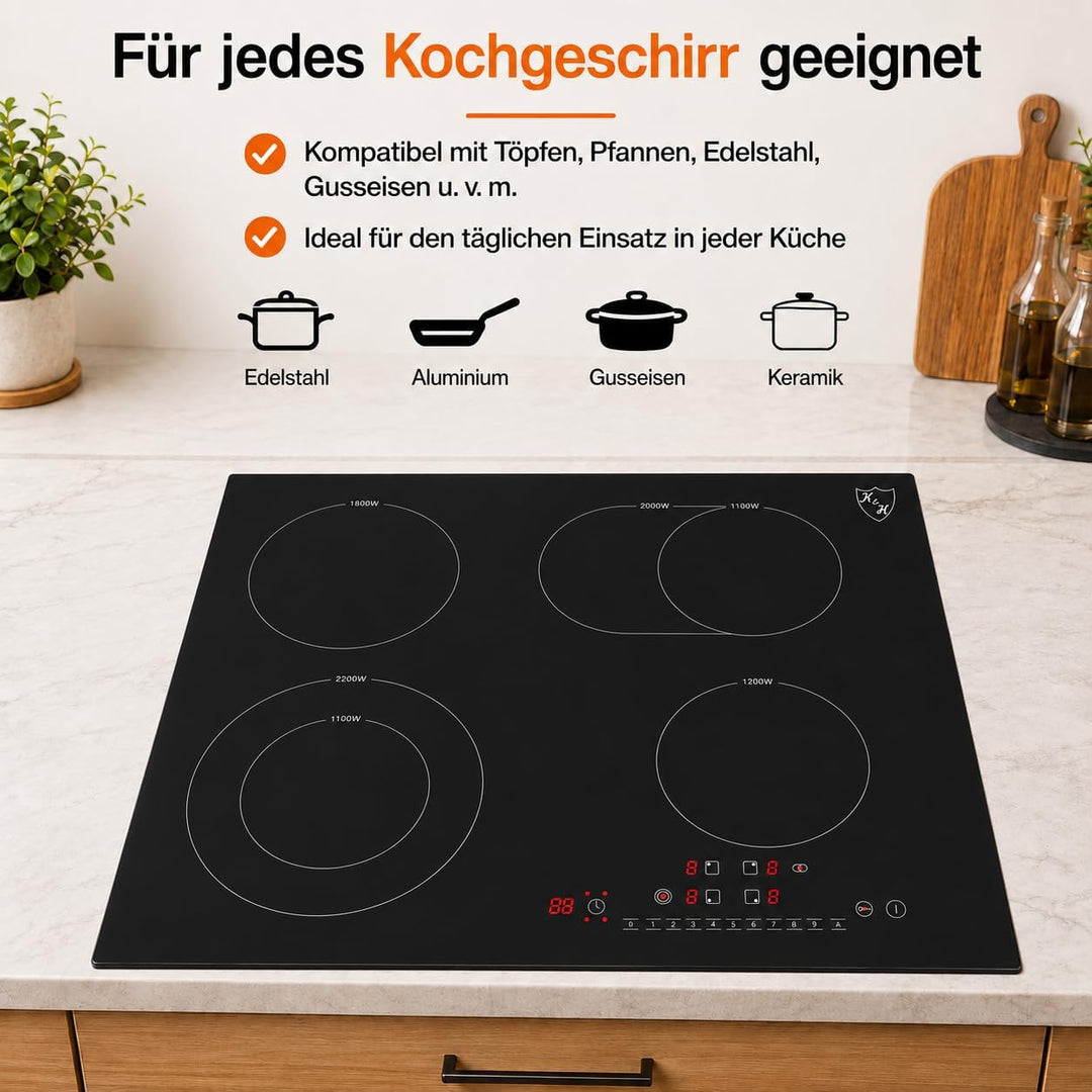 K&H® 4 Zonen Glaskeramikkochfeld 59cm Elektro Autark Eingebaut NC-7206