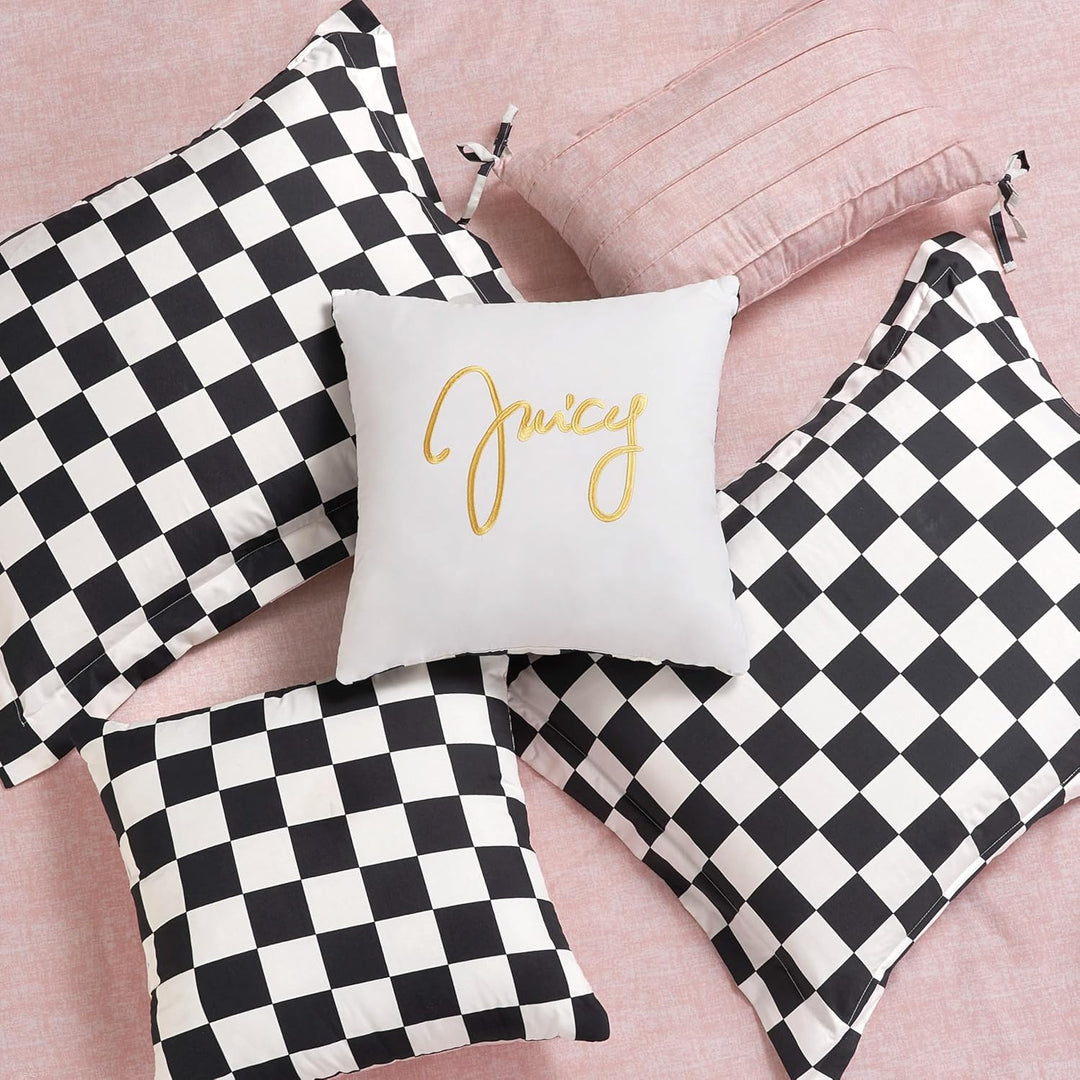 Juicy Couture-Wende-Steppdecken-Set, Schachbrettmuster, 6-teilig, King-Size-Set, Schwarz/Weiss King