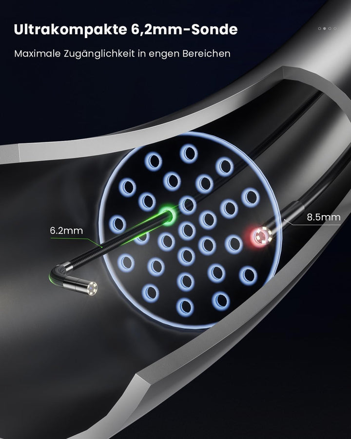 Ralcam Endoskopkamera mit Licht, Endoscope Camera mit 360° beweglichem Kopf, 6.2mm Sonde, 5" HD Bild